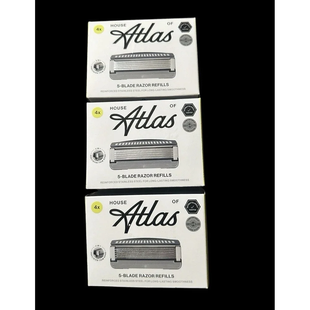 3 X House of Atlas 5-Blade Razor Refills 4 Count Stainless Steel -12 Total